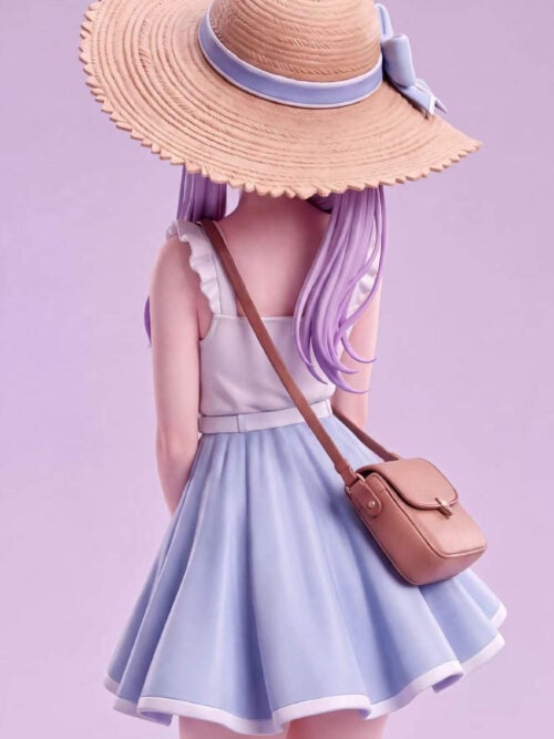 Rear three-quarter render of Frieren from the thighs up, showing the back of her wide-brimmed straw hat, twin-tails over her ruffled white top, brown crossbody bag at her right hip, and flared light blue skirt.
