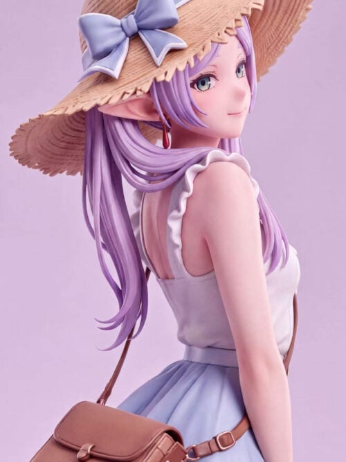 Upper-body side close-up render against a lavender background showing Frieren glancing over her right shoulder beneath a straw hat with a light blue bow, detailed with a red drop earring, ruffled white top, and brown crossbody bag.