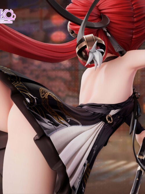 Close-up render from behind the Suoming figure, showing sculpted red twin-tails, a ring-shaped hair ornament with a white tassel, a bare back, and a black skirt with gold linework and white inner lining.