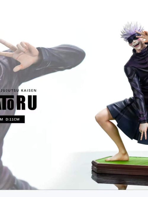 Dimensions card for Firefly Studio's Satoru Gojo Vol. 02 statue showing the full figure on a green tatami-style base alongside size specifications of W 18 cm, H 22 cm, and D 11 cm.
