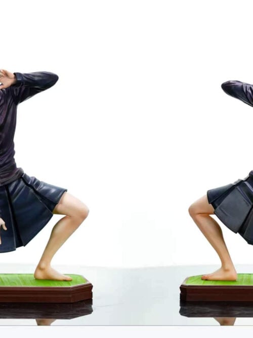 Front and back full-body views of Firefly Studio's Satoru Gojo Vol. 02 statue on a white background, showing his wide-legged barefoot crouch, pleated skirt, dark jacket, and green tatami-style base.