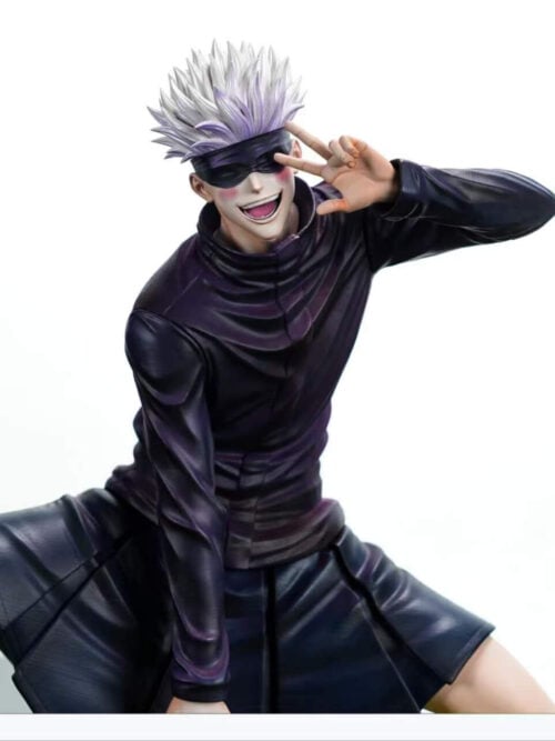 Three-quarter medium view of Firefly Studio's Satoru Gojo Vol. 02 statue against a plain white background, showing his leaning torso, pleated skirt, and double peace-sign pose.