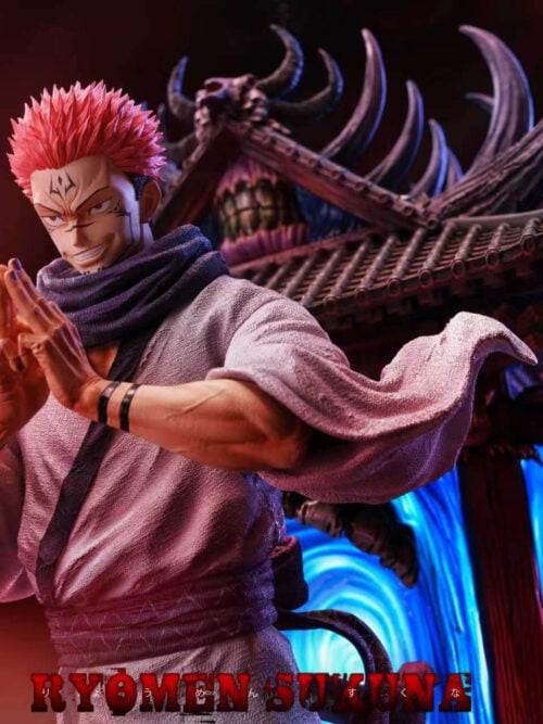 Three-quarter left upper-body view of the RealWorld Studio Ryomen Sukuna statue with the fanged shrine gable, hanging roof skulls, and glowing blue vortex wall visible behind him.