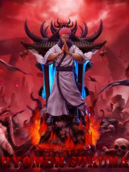 RealWorld Studio 1/6 scale Ryomen Sukuna statue from Jujutsu Kaisen standing in a light kimono with hands in a mudra before a horned shrine with glowing blue vortexes atop a flaming skull base against a red promotional backdrop.