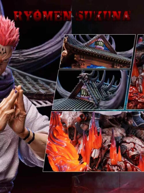 Composite detail image of the RealWorld Studio Ryomen Sukuna statue pairing an upper-body view with four close-ups of the horned shrine roof, blue vortex walls, and bloodied animal skulls with translucent flames.