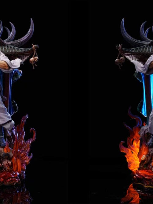 Side-by-side comparison card for the RealWorld Studio Ryomen Sukuna statue showing 42 cm height, 29 cm width, and 31 cm depth alongside the full statue in unlit and lit states.