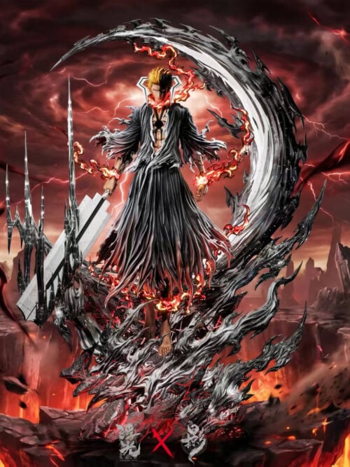 Promotional render of the 1/6 scale Ichigo Kurosaki statue by FloatingLight Studio and LueYing Studio standing on a red-veined rock and wave base beneath a black-and-white crescent moon effect with a stepped white sword.