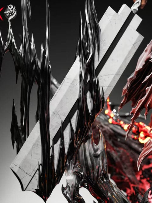 Close-up of the stepped white blade held in Ichigo Kurosaki's right hand, framed by vertical glossy black energy spikes beside his tattered robe hem.