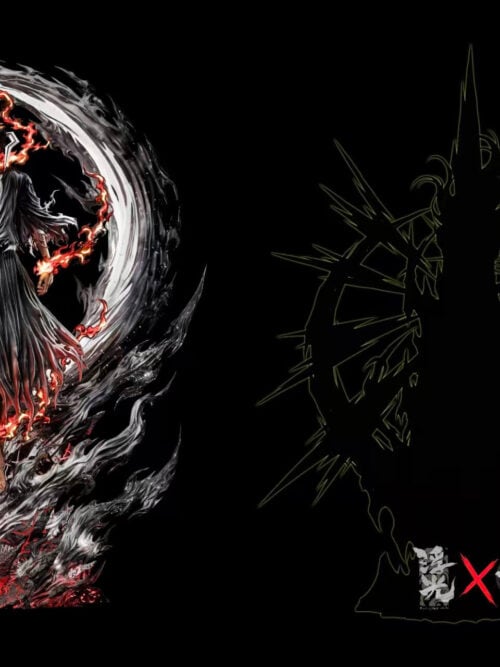 Side-by-side graphic showing the Ichigo Kurosaki 1/6 scale statue on the left next to a black-and-yellow outline silhouette of a future companion release on the right.