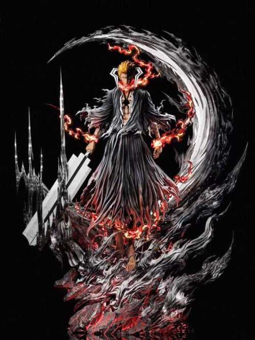 Full front view of the Ichigo Kurosaki 1/6 scale statue against a black background, showing the crescent moon wave, tattered black robes, stepped white blade with black spikes, and fissured rock base.
