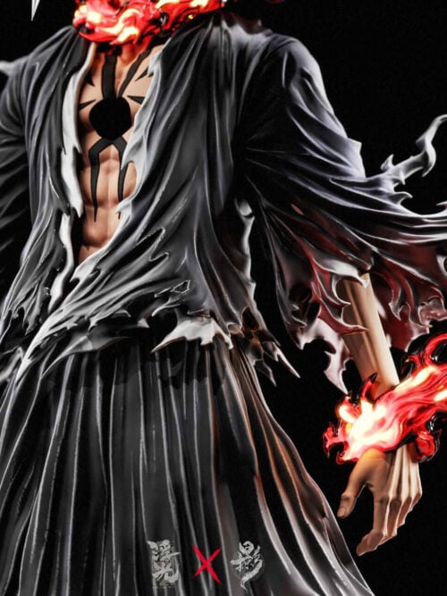 Close-up of Ichigo Kurosaki's open black robe, Hollow chest hole with black markings, and glowing red energy tendrils wrapping his neck and wrists as his right hand grips the sword hilt.