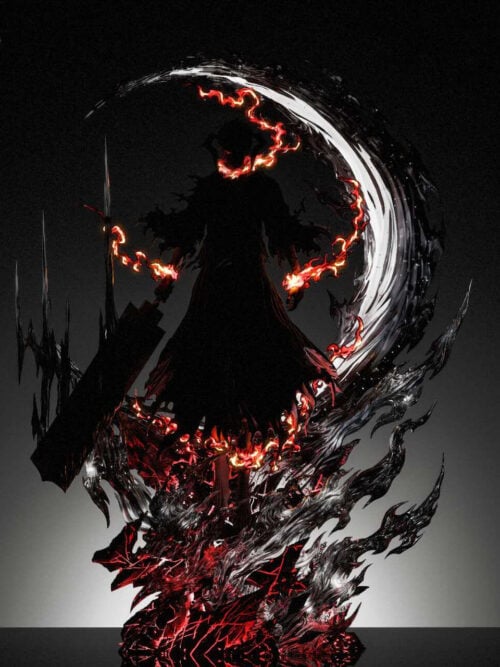 Darkened view of the Ichigo Kurosaki statue in silhouette highlighting the illuminated white crescent moon, glowing red energy tendrils at the neck, wrists, and hem, and red-lit fissures in the rock base.