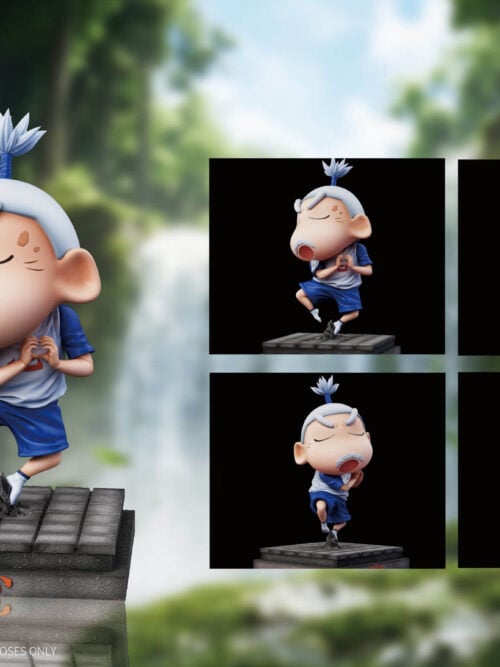 PG Studio Crayon Shin-chan Shinnosuke Nohara statue on a square stone-tile base with an orange kanji emblem alongside four black-background studio angle views
