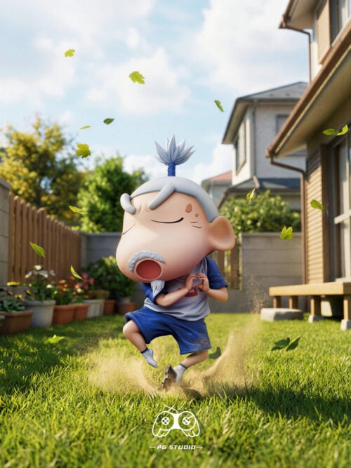 PG Studio Crayon Shin-chan Shinnosuke Nohara statue in an elderly martial arts master pose with a high topknot, beard, and heart hand gesture against a grassy yard backdrop