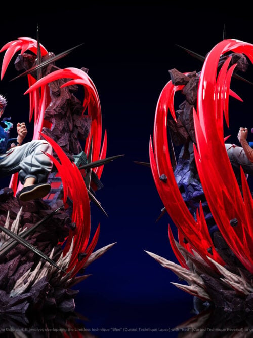 Dual-angle studio render showing full front and rear views of Zenkai Studio's 1/6 Satoru Gojo statue on its environmental rock and energy base.