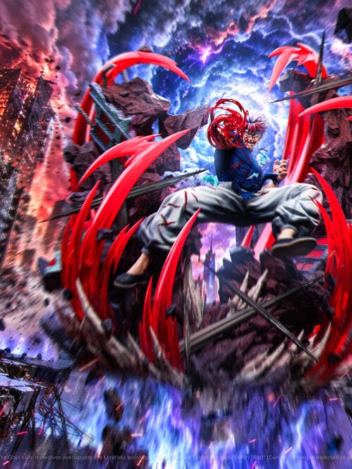 Promotional render of Zenkai Studio's 1/6 Satoru Gojo statue leaping between red energy arcs and stone pillars against a ruined city backdrop.