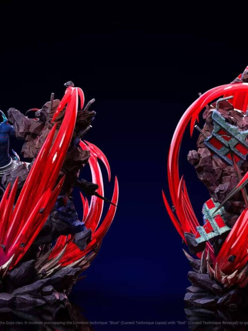 Dual-angle studio render showing rear and side views of the Satoru Gojo statue, structural debris, and sweeping red energy arcs.