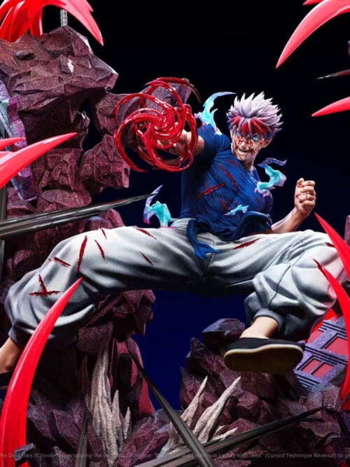 Front studio render of the 1/6 Satoru Gojo statue with the blood-stained hair portrait, red energy arcs, black blades, and stone pillars on a dark background.