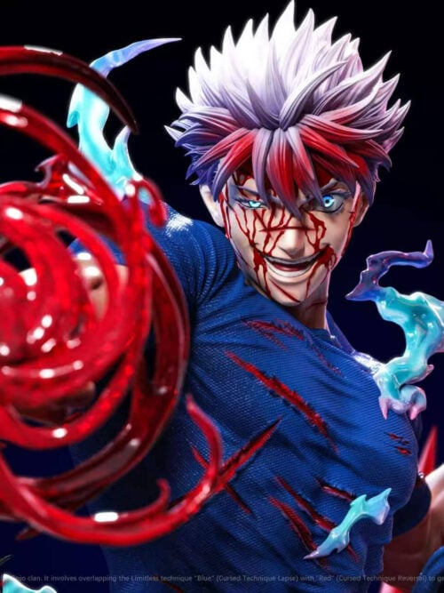 Close-up render of Satoru Gojo's heavily bloodied grinning portrait and red-stained front hair behind a swirling red energy spiral.