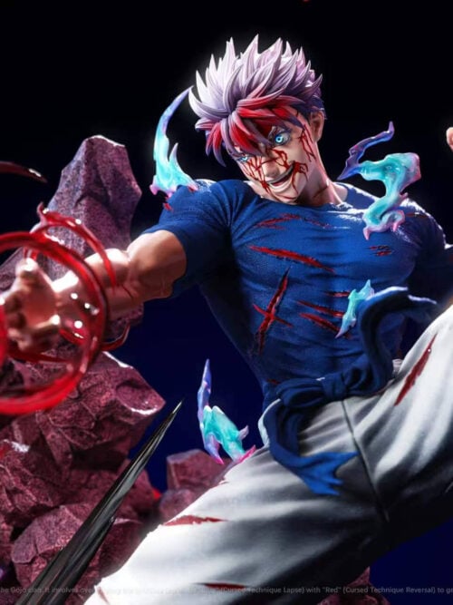 Upper-body render of Satoru Gojo with blood-stained bangs, battle-cut blue shirt, pale blue wisps, and swirling red energy around his right hand.