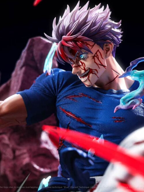 Side-angled close-up of Satoru Gojo with the bloodied portrait, extended right arm in red energy rings, and raised left fist.