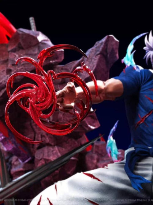 Upper-body studio render of Satoru Gojo with the scarred clean-hair portrait and swirling red hand effect in front of a stone pillar with exposed rebar.