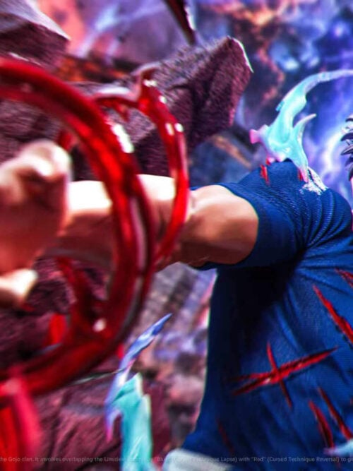 Close-up promotional render focusing on Satoru Gojo's scarred grinning portrait past motion-blurred red energy rings around his right hand.