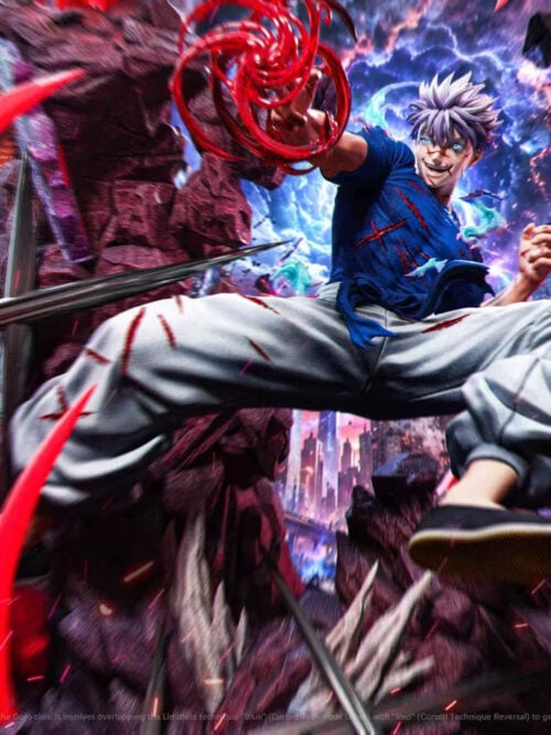 Medium-full promotional render of Satoru Gojo with the scarred clean-hair portrait unleashing a swirling red energy effect on a rocky base.