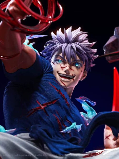 Low-angle close-up render of Satoru Gojo with the scarred grinning portrait, clean white hair, and bright blue eyes.