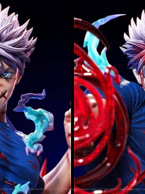 Side-by-side comparison of the two interchangeable grinning Satoru Gojo head sculpts: scarred face with clean hair and heavily bloodied face with red-stained bangs.