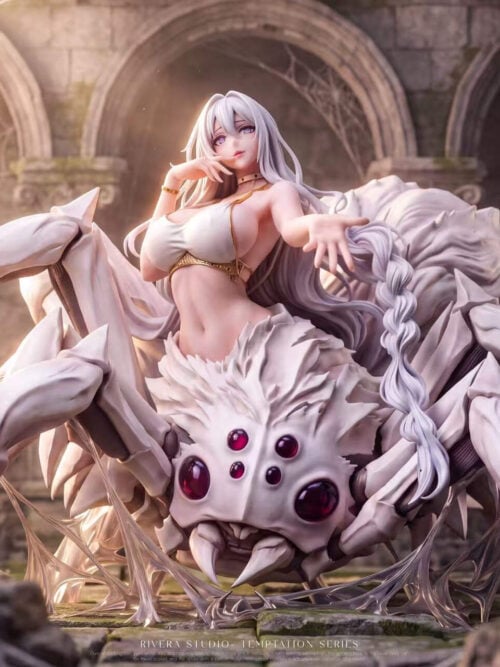 Front view of RIVERA Studio's 1/6-scale Shiraori Temptation Series statue from So I'm a Spider, So What? in her hybrid Arachne form, showing her humanoid upper body in a gold-trimmed white halter top above a white spider head with six dark red eyes, eight jointed legs, and translucent webbing.