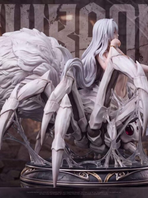 Right profile view of RIVERA Studio's 1/6-scale Shiraori statue, highlighting the large textured white spider abdomen, jointed legs connected by translucent webbing strands, and the circular dark stone base with gold trim.