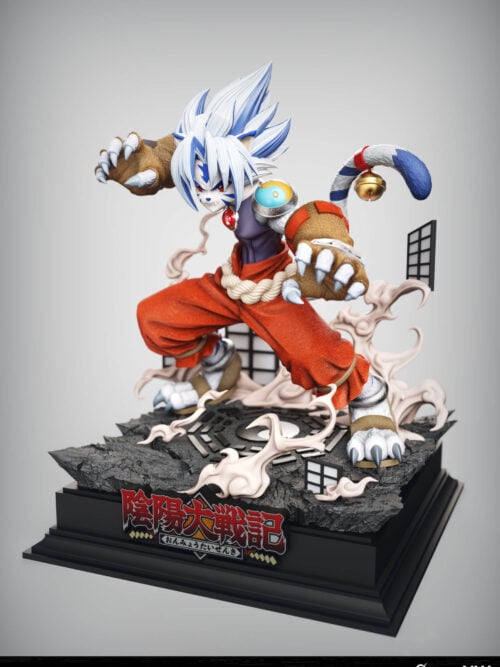 Three-quarter studio render of the White Tiger Kogenta statue from Onmyou Taisenki crouching with clawed gauntlets raised on a stepped rocky base with an Eight Trigrams emblem, smoke, shoji frames, and front title plaque.