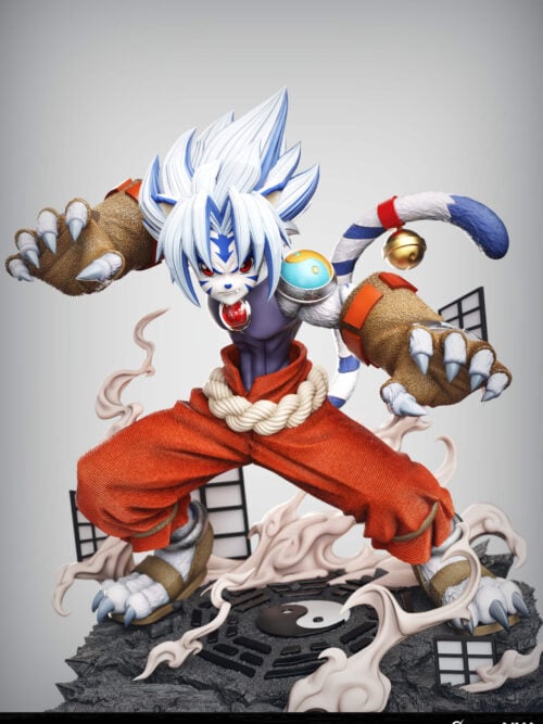 Medium three-quarter studio render of White Tiger Kogenta in textured red trousers and clawed gauntlets standing over a Yin-Yang and Eight Trigrams floor emblem framed by smoke and miniature shoji screens.