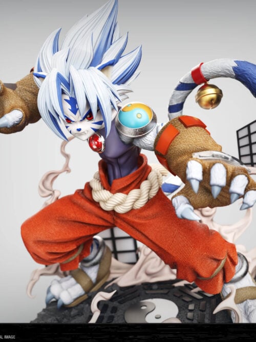 Horizontal three-quarter studio render of White Tiger Kogenta showing his spiky white-and-blue hair, Yin-Yang shoulder guard, clawed gauntlets, rope belt, and striped tail with a gold bell.