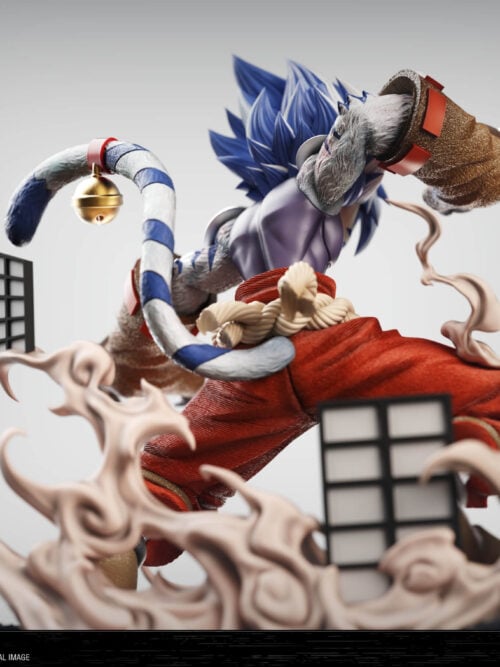 Rear right studio render of the White Tiger Kogenta statue showing his blue-and-white striped tail with a gold bell, twisted rope belt knot, swirling smoke, and miniature shoji frames.