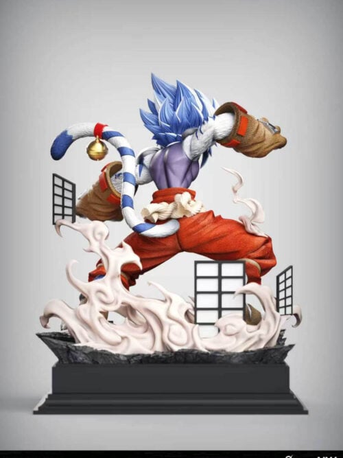 Full rear studio render of the White Tiger Kogenta statue on its stepped black base, showing his spiky blue-and-white hair, striped tail with gold bell, smoke effects, and shoji screen frames.