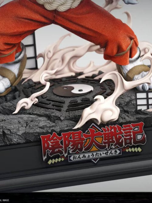Close-up studio render of the stepped display base showing Kogenta's sandal-clad clawed feet on rocky ground inset with a Yin-Yang and Eight Trigrams emblem, curling smoke, shoji frames, and the Onmyou Taisenki plaque.