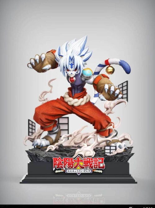 Full front studio render of the Hess Studio and NightWing Studio White Tiger Kogenta statue crouching with raised clawed gauntlets atop its rocky smoke-and-shoji display base with front title plaque.