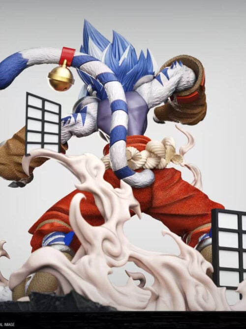 Low-angle rear close-up render of White Tiger Kogenta highlighting his blue-and-white striped tail with a gold bell, fur-textured arms, rope belt, swirling smoke, and shoji frames.