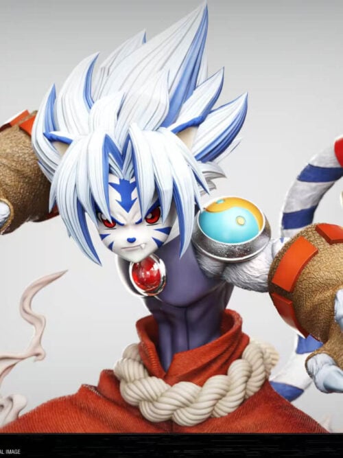 Upper-body close-up render of White Tiger Kogenta showing his spiky white-and-blue hair, blue facial markings, red chest gem, Yin-Yang left shoulder guard, and raised clawed gauntlets.