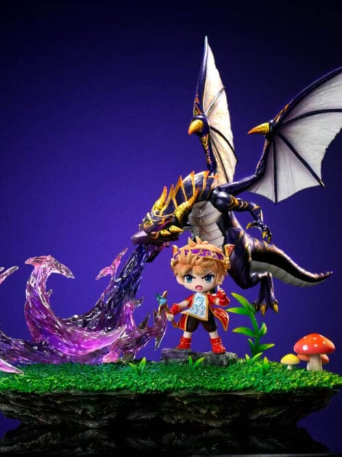 Front three-quarter view of Time Studio's Evan & Mir MapleStory diorama featuring Evan on a rock base beside red and yellow mushrooms and a green plant stem while Mir breathes purple flame overhead.