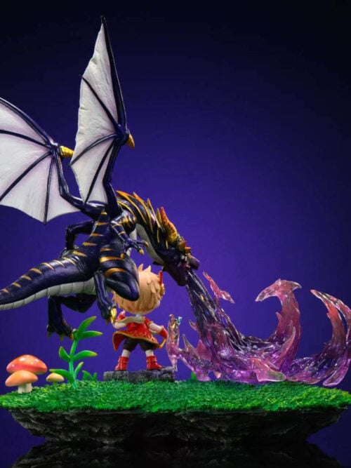 Rear view of Time Studio's Evan & Mir MapleStory statue showing Mir's white wing membranes and gold-striped dark purple tail above the back of Evan's red tunic, mushrooms, and purple flame effect.