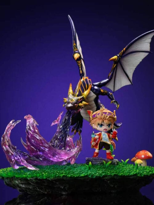 Front view of Time Studio's Evan & Mir statue from MapleStory showing chibi Evan with his staff on a rocky outcrop and the dragon Mir hovering above a grassy mushroom base with translucent purple flames.