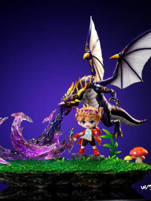 Dimensions card for Time Studio's Evan & Mir MapleStory diorama showing the Time Studio logo and overall measurements of 33 cm height, 33 cm width, and 22 cm depth.