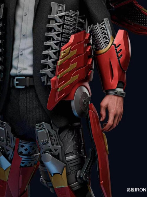 Close-up detail of the left side of the IRON Studio Iron Man MQ70 Mark VII statue showing mechanical rib latches along the suit jacket, layered red-and-gold side flaps, the fitted left gauntlet, and exposed inner leg mechanisms.