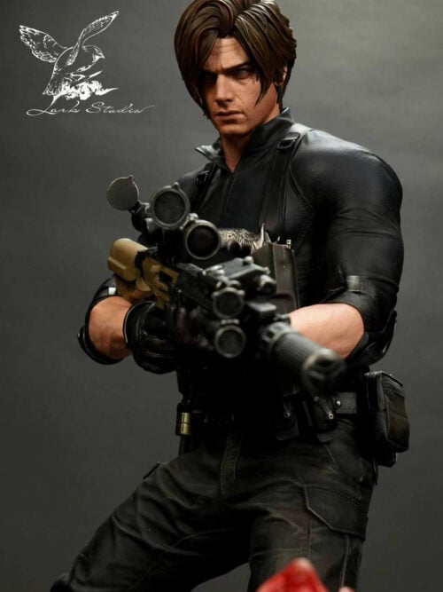 Three-quarter upper-body view of the Leon Scott Kennedy statue bracing a scoped, suppressed marksman rifle across his dark zip-neck tactical shirt, chest holster, and utility belt.