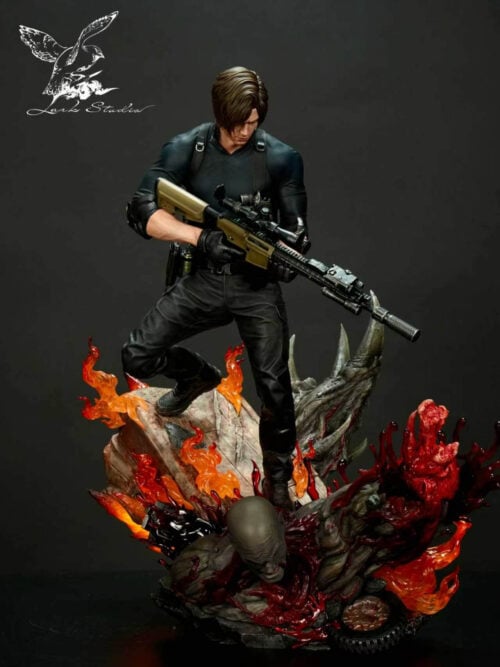 Full-length studio view of Lark Studio's 1/4-scale Leon Scott Kennedy statue from Resident Evil Requiem, showing Leon holding a suppressed marksman rifle with one boot on a burning warhead crate above a mangled creature corpse and blood splashes.