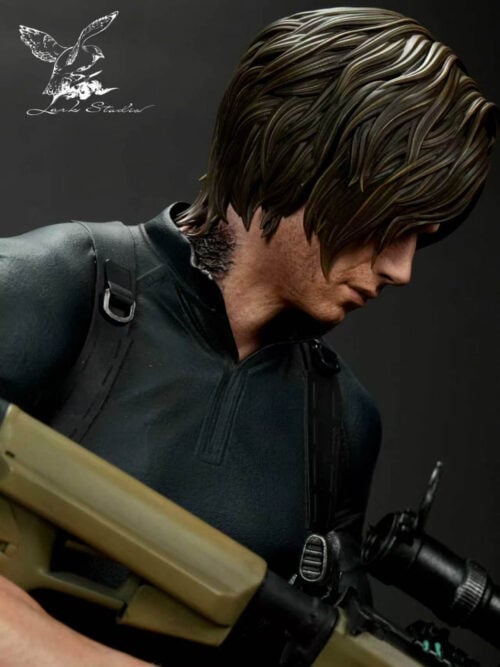 Right-side close-up of Leon Scott Kennedy looking downward past his rifle stock, showing layered brown hair, facial stubble, dark neck scarring at the collar, and shoulder harness.