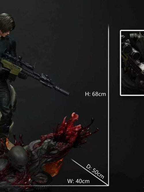 Dimensions card for Lark Studio's Leon Scott Kennedy statue labeled H: 68cm, D: 50cm, and W: 40cm alongside three inset close-ups of the rifle, blood effect, and illuminated flame base.